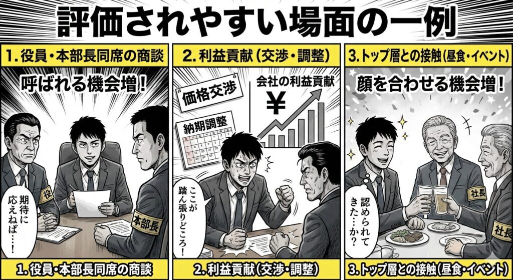 評価されやすい場面の一例
役員や本部長が同席する商談に呼ばれることが増えた
顧客との価格交渉や納期調整で会社の利益に貢献できた
昼食時や社内イベントなどで、トップ層と顔を合わせる機会が増えた