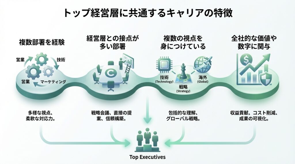 トップ経営層に共通するキャリアの特徴
複数部署を経験している
経営層との接点が多い部署を通っている
技術・戦略・海外など、複数の視点を身につけている
全社的な価値や数字に関与している
