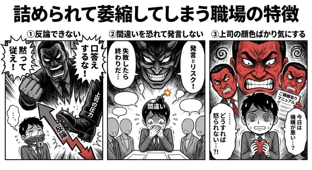 反論できない
間違いを恐れて発言しない
上司の顔色ばかり気にする