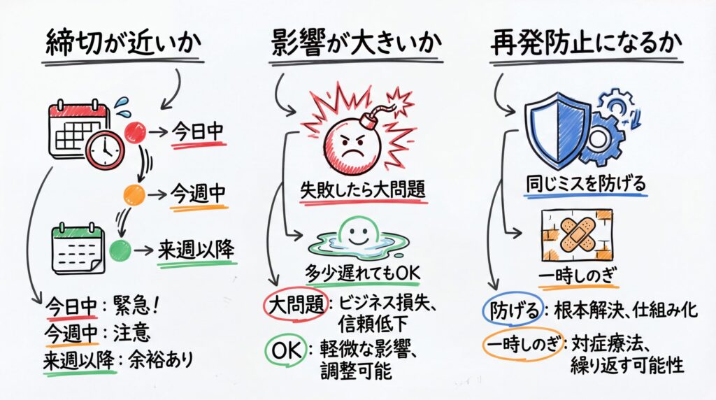 基準
判断ポイント
締切が近いか
今日中、今週中、来週以降
影響が大きいか
失敗したら大問題か、多少遅れてもOKか
再発防止になるか
同じミスを防げるか、一時しのぎか